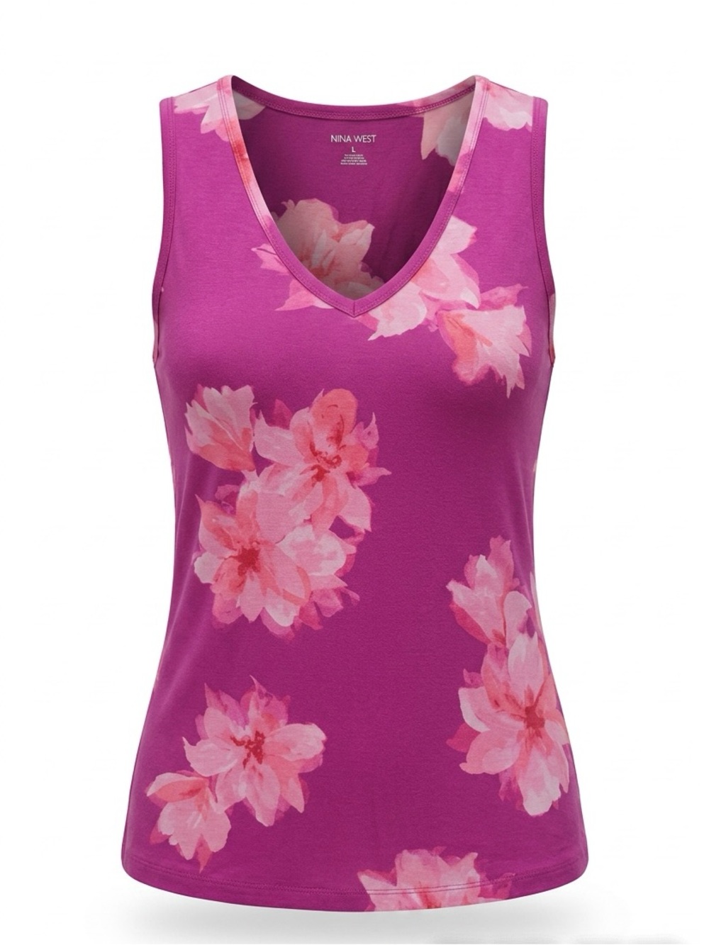 Nine West Purple Floral V-Neck Tank with Pink Blooms